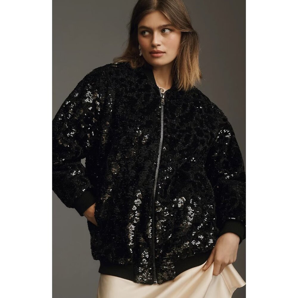 NWT - LE SUPERBE -  Grand Prix Animal Print Sequin Bomber Jacket - L - Black